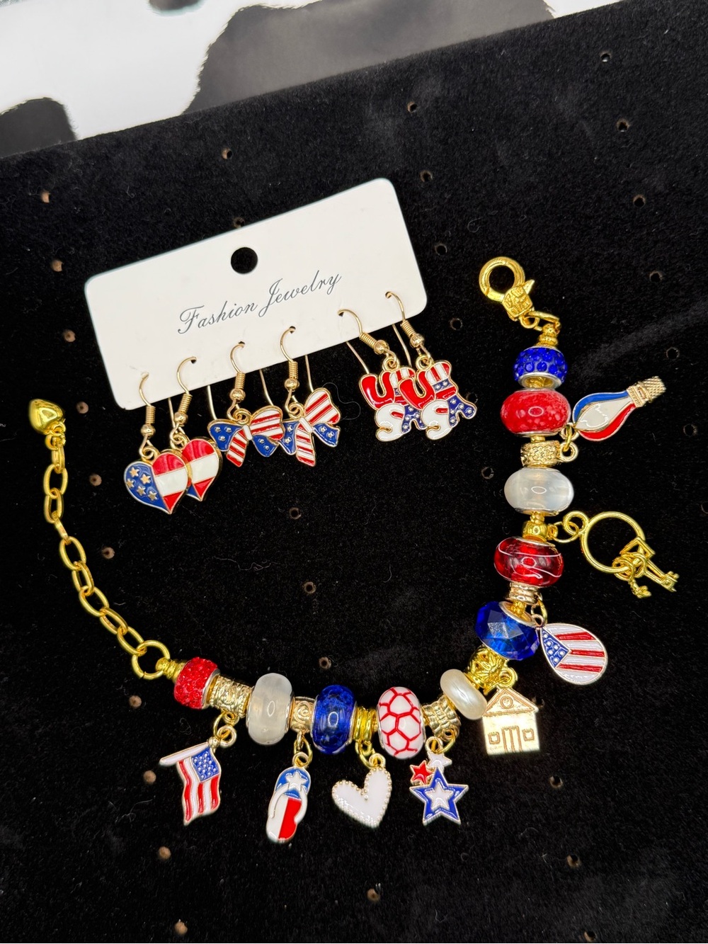 Patriotic & Gold Tone Snake Chain Charm Bracelet & Earrings Set - Red White Blue